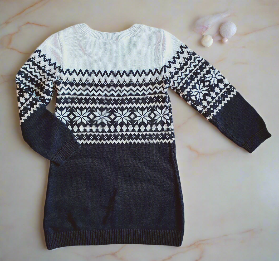 THE CHILDREN'S PLACE Knitted Sweater Dress – 3 Years - Black, White & Beige with Gold Thread Accents