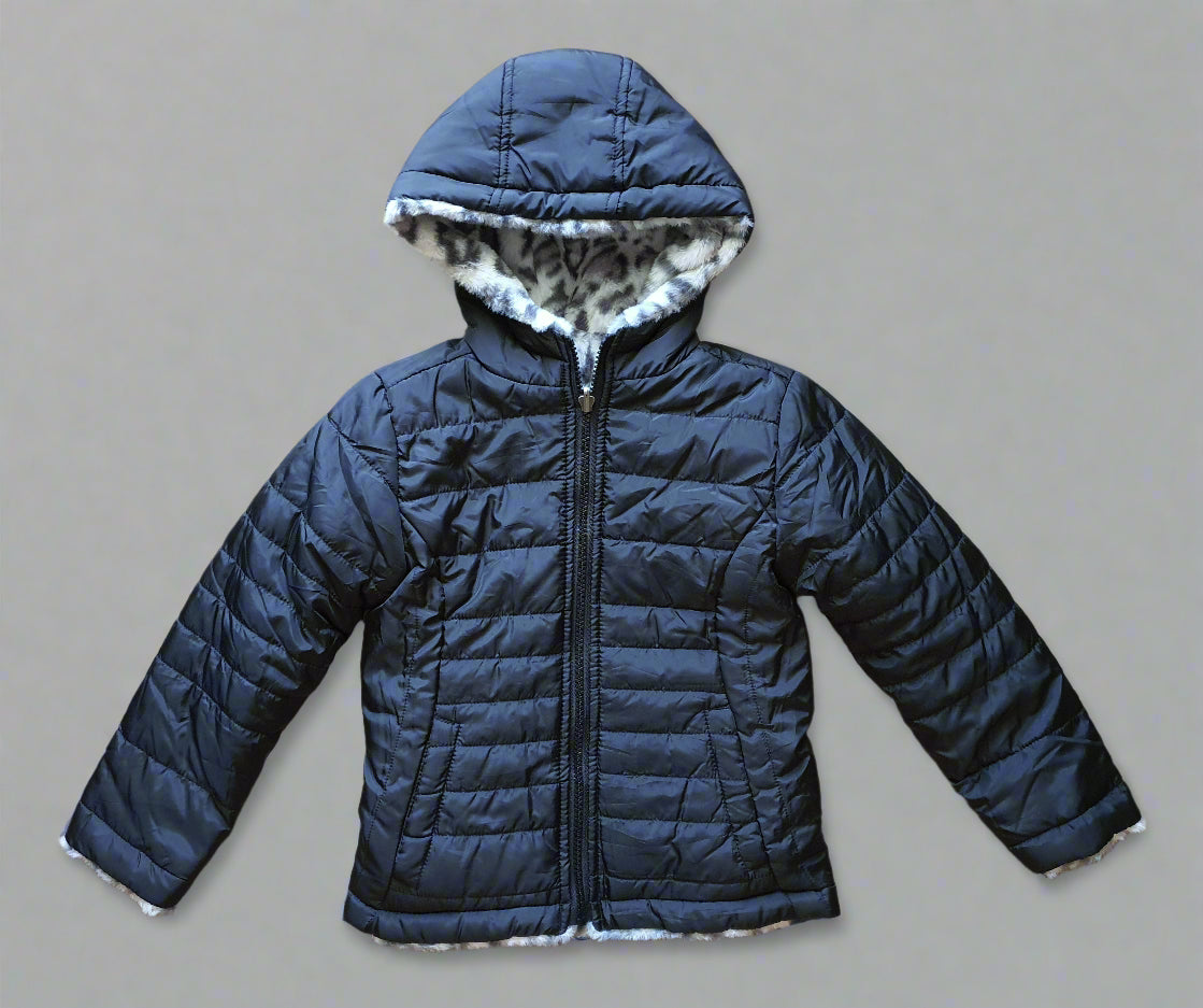Reversible Black Puffer Jacket with Leopard Print – Size 4/5 Years