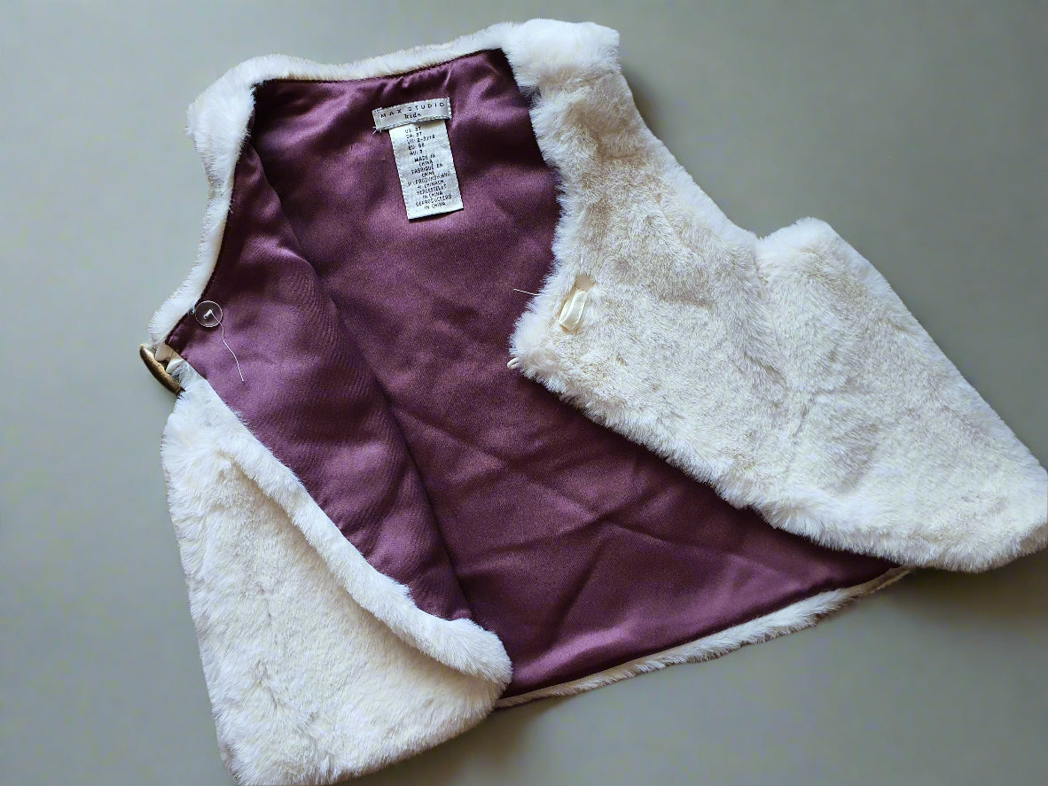 Max Studio Girls Faux Fur Vest – Ivory White with Satin Lining 3T (Toddler)