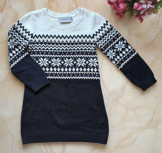THE CHILDREN'S PLACE Knitted Sweater Dress – 3 Years - Black, White & Beige with Gold Thread Accents