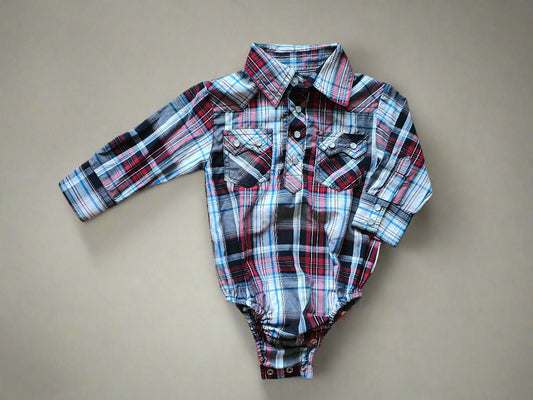 Plaid Long Sleeve Western Baby Bodysuit – Snap Closure - 6 Months