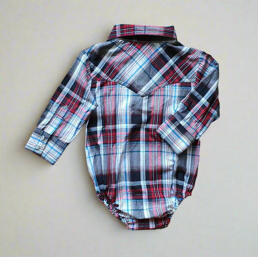 Plaid Long Sleeve Western Baby Bodysuit – Snap Closure - 6 Months