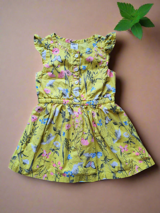 Carter's Floral Flutter Sleeve Dress - 18 Months - Yellow Cotton