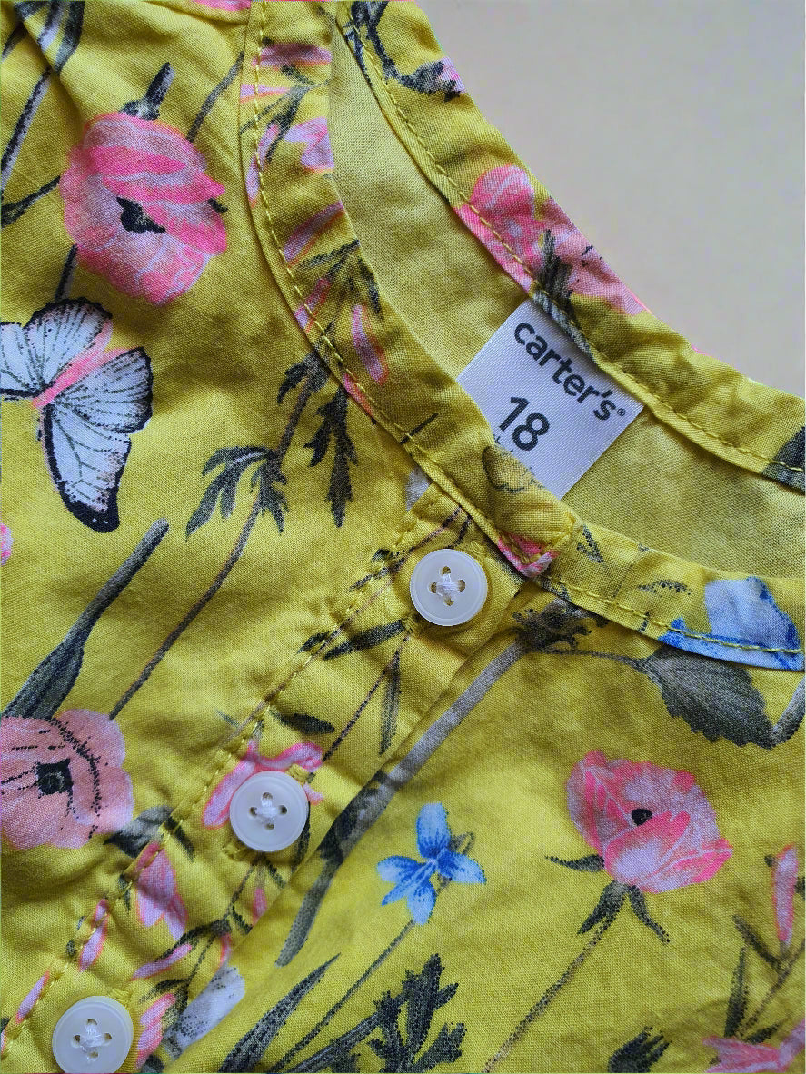 Carter's Floral Flutter Sleeve Dress - 18 Months - Yellow Cotton