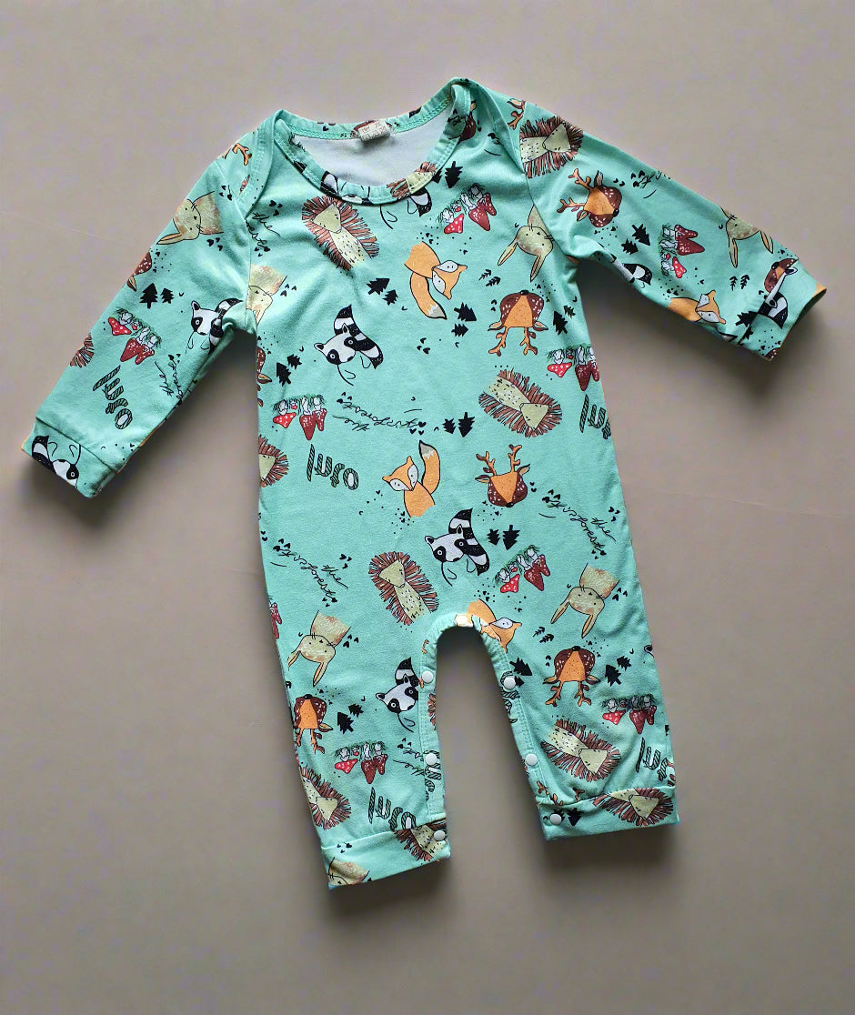 Mint Woodland Animal Romper – 6-12 Months