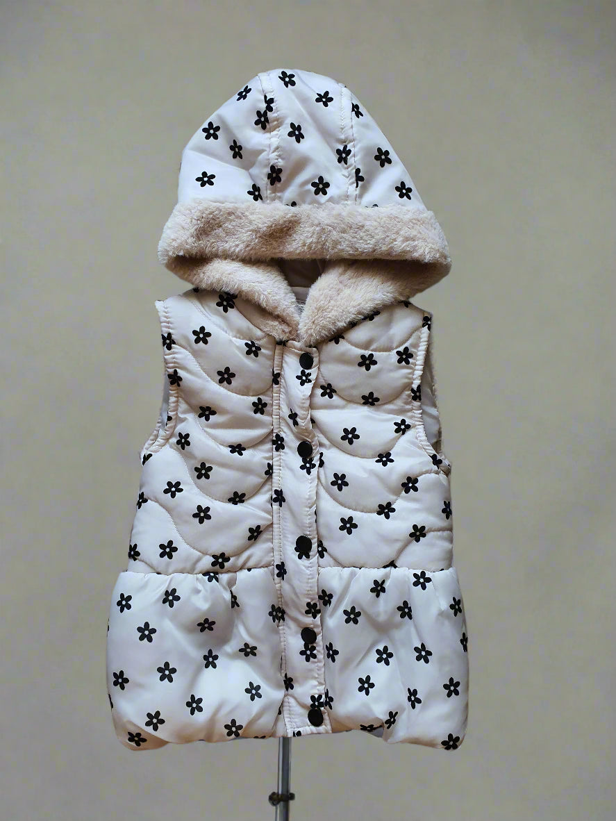 Little Lass Girls Hooded Puffer Vest – Beige with Black Floral Print 4T (Toddler)