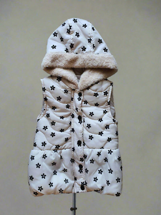 Little Lass Girls Hooded Puffer Vest – Beige with Black Floral Print 4T (Toddler)