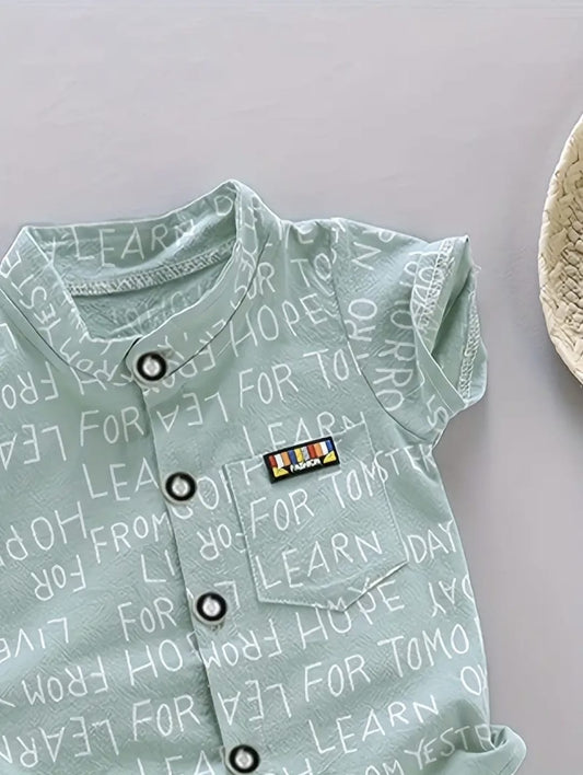 Stylish 2-Piece Baby Boy Outfit – 2 YEARS- Printed Button-Up Shirt & Beige Shorts