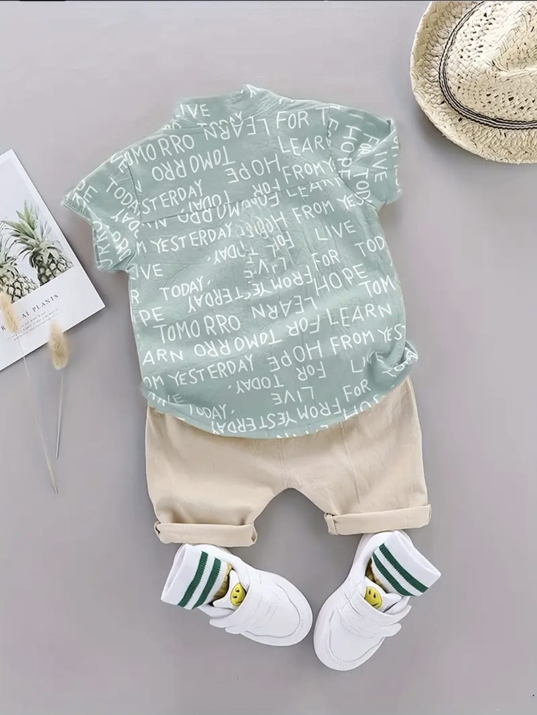 Stylish 2-Piece Baby Boy Outfit – 2 YEARS- Printed Button-Up Shirt & Beige Shorts
