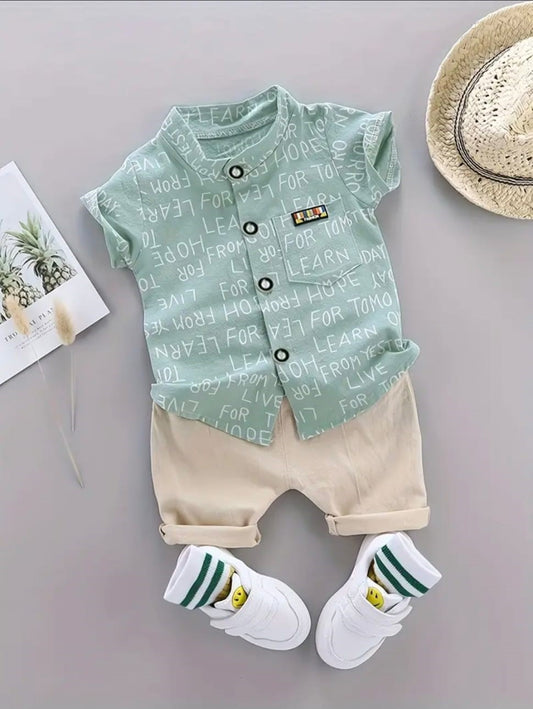 Stylish 2-Piece Baby Boy Outfit – 2 YEARS- Printed Button-Up Shirt & Beige Shorts