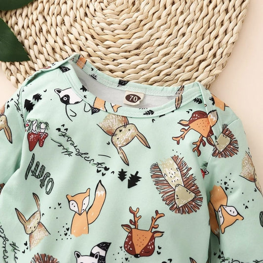 Mint Woodland Animal Romper – 6-12 Months
