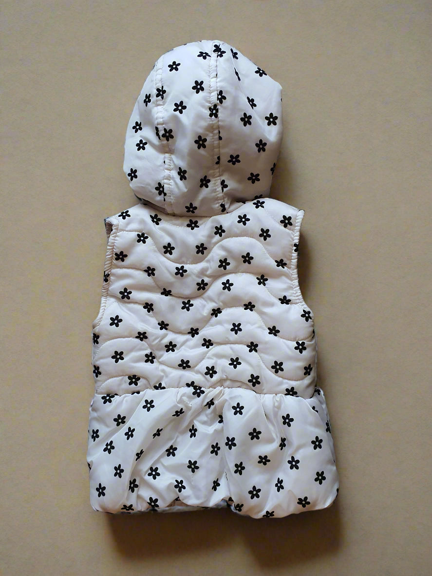 Little Lass Girls Hooded Puffer Vest – Beige with Black Floral Print 4T (Toddler)