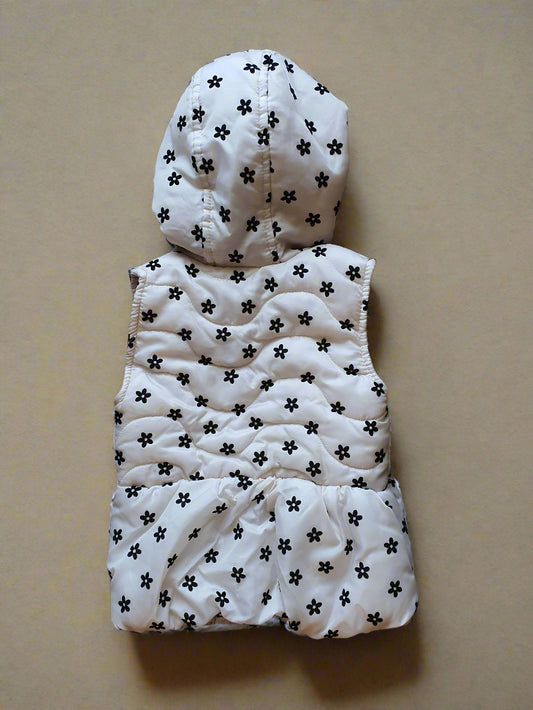 Little Lass Girls Hooded Puffer Vest – Beige with Black Floral Print 4T (Toddler)